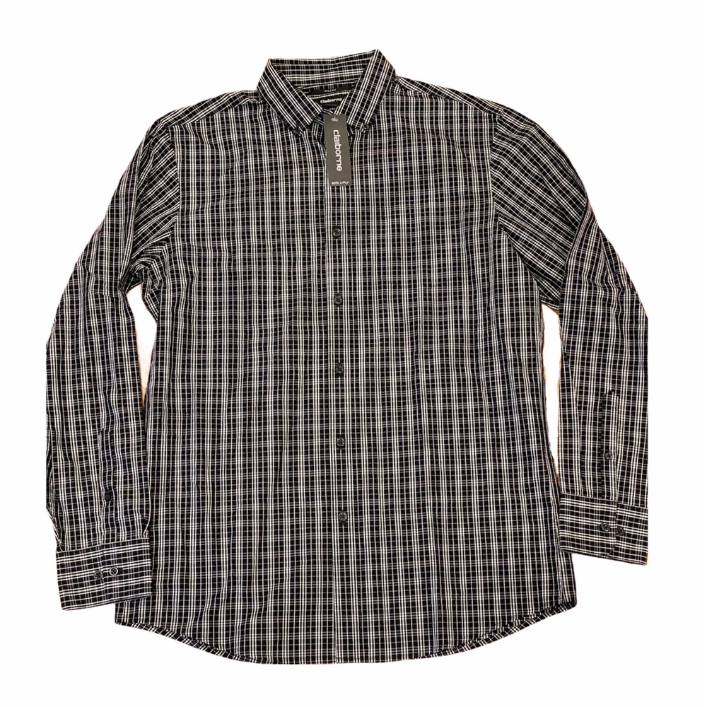NWT Claiborne Men Black White Plaid Shirt Button Down M Business Casual